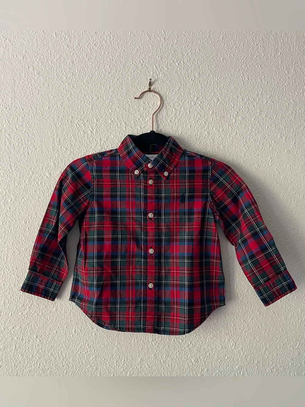 Ralph Lauren Boys 18M Plaid Button Down Shirt Red Green Tartan Holiday Pony